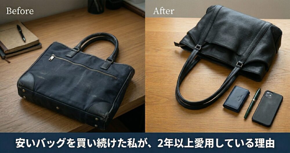安いバッグと2年以上愛用している本革バッグの比較画像。左に使い古したネイビーのバッグ、右に現在愛用中の黒いレザートートバッグと小物が並んでいる様子。