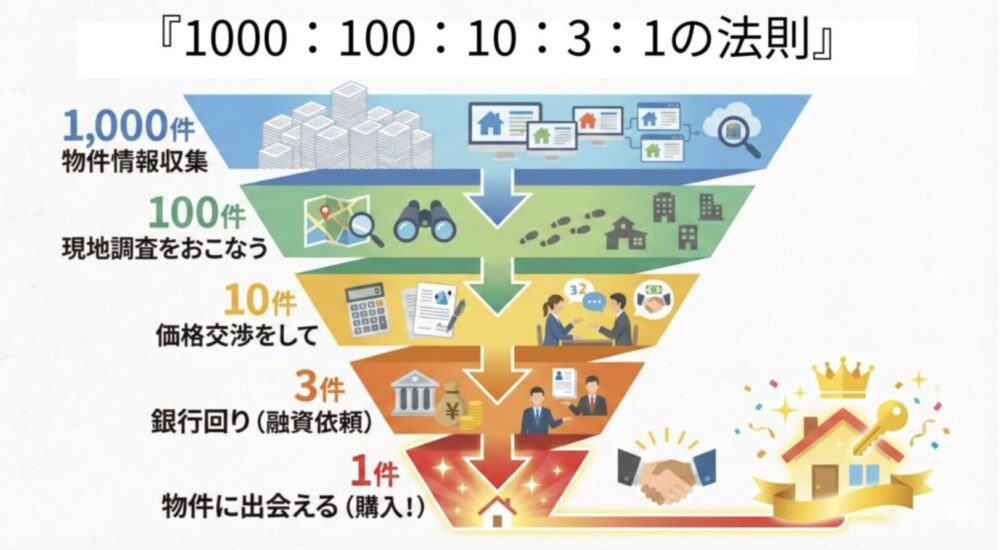 不動産投資・購入における「1000：100：10：3：1の法則」を解説する図解。物件情報収集から現地調査、価格交渉、融資依頼、最終的な購入に至るまでのプロセスと比率。