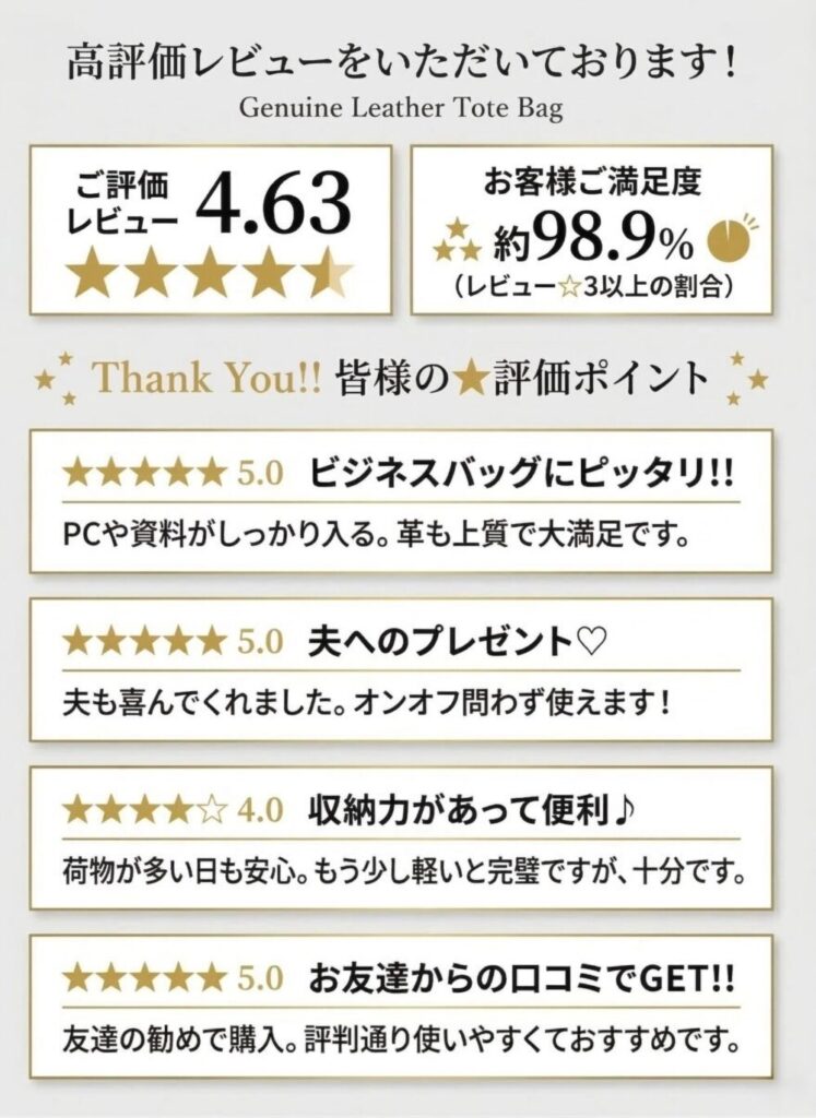 本革トートバッグの高評価レビュー。総合評価4.63、満足度98.9%を獲得し、「ビジネスにピッタリ」「収納力があって便利」などお客様からの喜びの声を紹介する画像