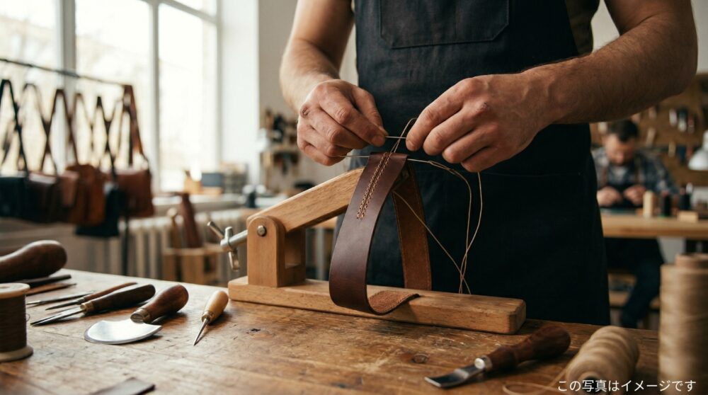 レーシングポニーを使って革バンドを手縫いしているレザークラフトの作業風景